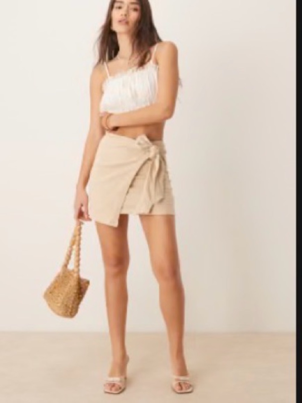 ASOS DESIGN crinkle tie side mini skirt in stone